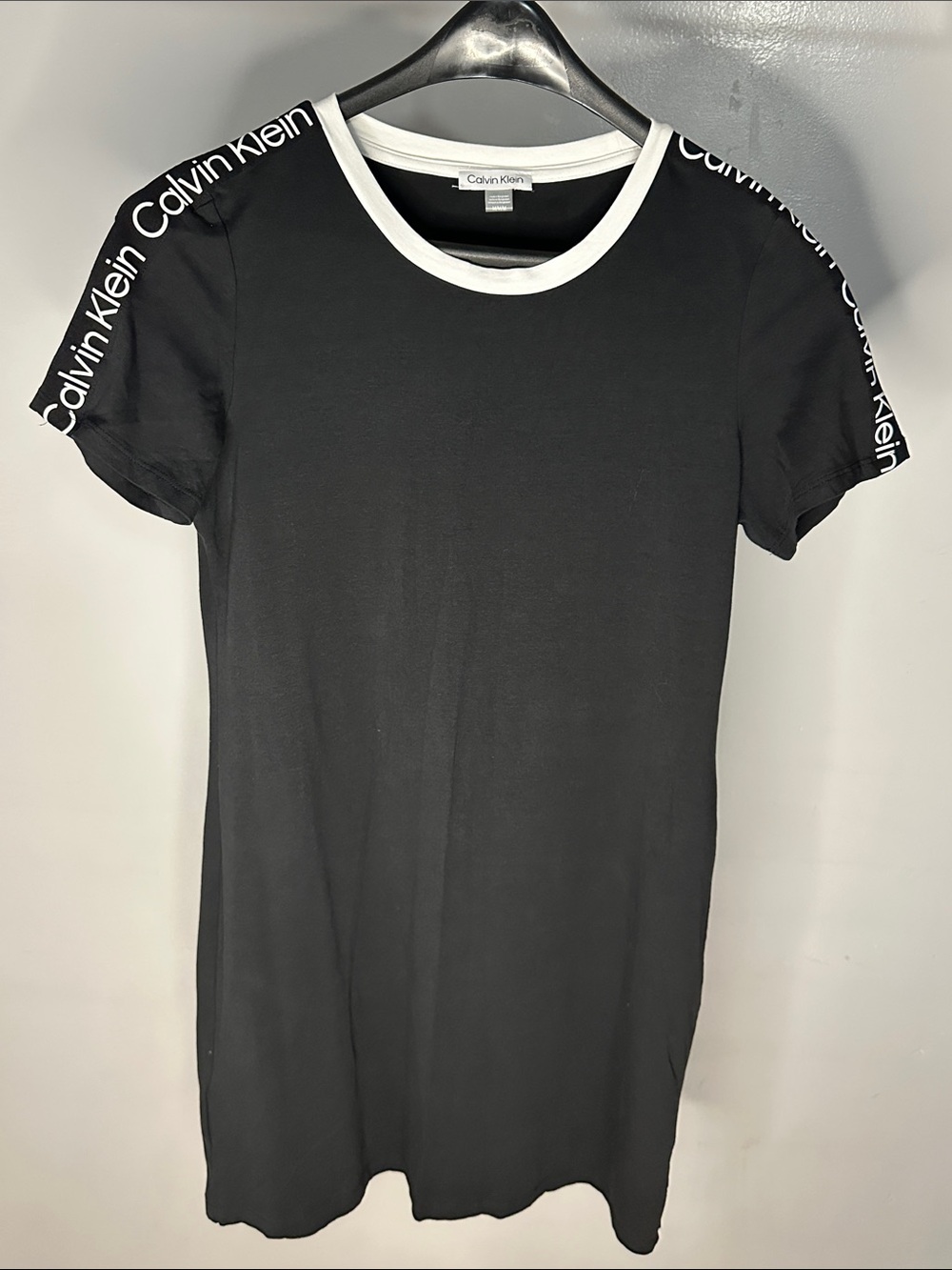 Calvin Klein Black Short-Sleeve Tee Dress with White Trim and Logo Tape